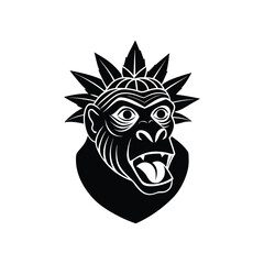 Dinopithecus head with tribal fruit crown and black background vector art illustration