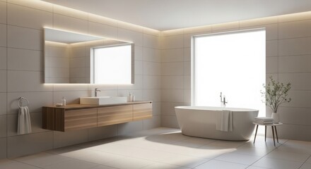 Fototapeta premium Elegant modern bathroom design with a floating vanity spacious bathtub natural light and minimalist decor creating a serene spa-like atmosphere
