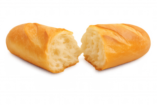Freshly baked bread loaf broken in half, showing soft white interior and golden crispy crust