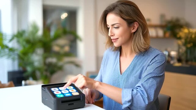 Caucasian woman packing a bag in a modern living room a tablet with a lock screen glowing on a table with plants smart home security tablet interface modern living digital pro - Powered by Adobe