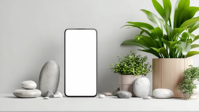 Smartphone with empty screen placed between indoor potted plants and smooth stones on a neutral surface, minimalistic natural concept