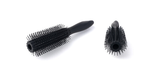 Black round hair styling brush isolated