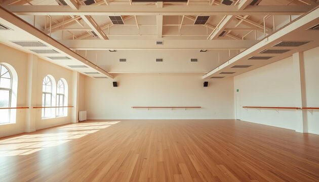 Vast, empty dance studio with bare wooden floors and high ceilings, home, studio apartment