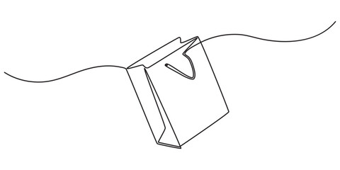 Continuous one line drawing of shopping bag. One line drawing illustration of paper bag,  Paper package black linear sketch isolated on white background.