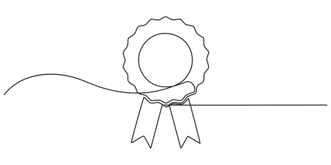 Single continuous line drawing of the best quality award badge with gold star winning medal illustration, Winning badge in one continuous line drawing. Symbol of a winner. Award winning ribbon minimal