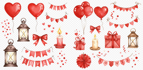 A watercolor collection of Valentine's Day elements including heart balloons, gift boxes, bows, candles, lanterns, and decorative heart and 'LOVE' garlands. © studio