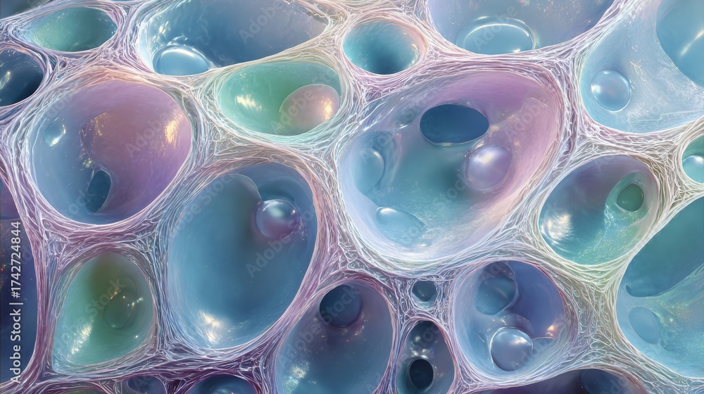 Wall mural abstract ethereal background featuring interconnected iridescent spheres and intricate web like stru