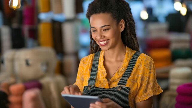 Caucasian woman with dreadlocks designing a rug pattern on a tablet surrounded by yarn and weaving tools her workshop glowing with creativity digital rug design textile