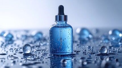 Blue cosmetic dropper bottle on a wet surface