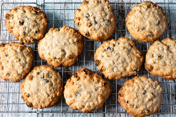 Home baked oat and raisin cookies on a wooden table