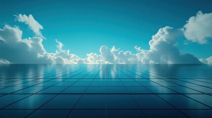 Blue tiled floor reflecting a cloud sky