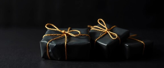 Mysterious black-wrapped gifts tied with gold string, dark background,  anniversary,  texture