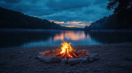 Bonfire on a lake shore at dusk