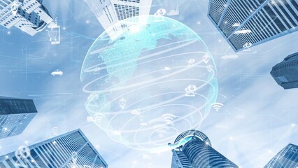 An eye-catching urban scene showcasing skyscrapers beneath a digital globe, representing global connectivity and technological advancement in a modern city environment. Xenic