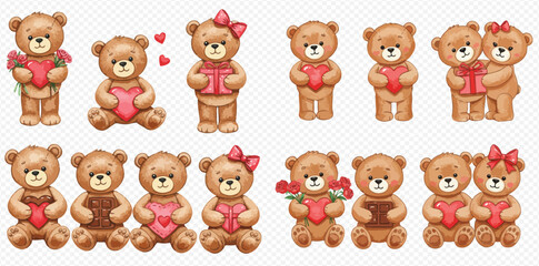 Adorable watercolor teddy bear illustrations with hearts, roses, and loving couples, perfect for Valentine's Day.