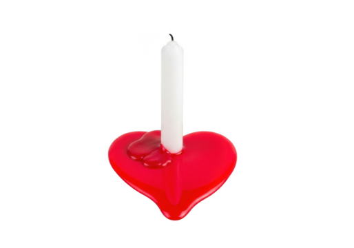 Heart shaped candle holder with white candle, red wax dripping, romantic decor, valentines day, love, isolated on transparent background