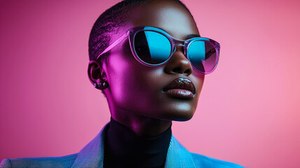 Modern woman in blue suit and reflective sunglasses with pink background