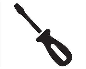 Black flat screwdriver icon isolated on white background, minimalist hand tool vector illustration, hardware repair equipment silhouette symbol for mechanic, construction, or DIY design