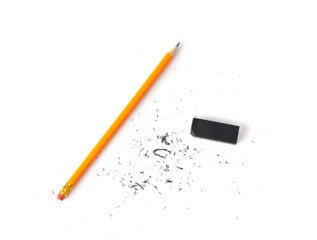 Eraser on paper. Erasing what was written, deleting an error, correcting mistake