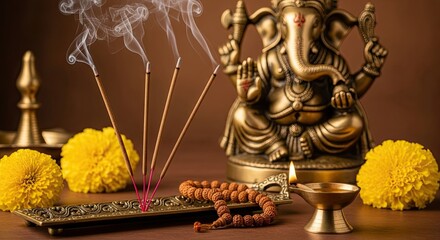 Ganesha idol with burning incense sticks and marigold flowers for worship