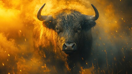 Naklejka premium Bull in fiery smoke