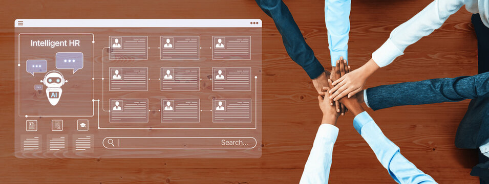 A diverse group of professionals engages in collaborative teamwork while leveraging intelligent AI solutions in a modern office environment, enhancing human resource strategies. Trope