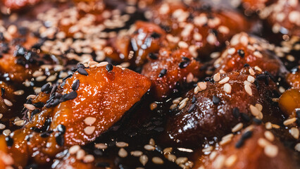 Delicious sticky pork chunks glistening with soy-honey tare glaze. Generously coated in sweet-savory sauce and topped with sesame seeds, served sizzling in an elegant serving dish.