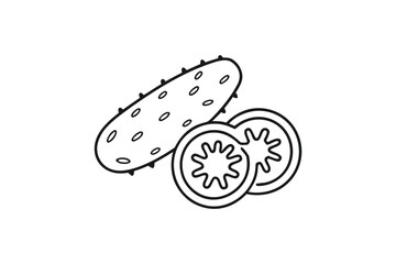 Outline Cucumber and Two Slices on White Background