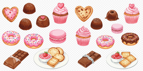 A delightful assortment of watercolor-style sweet treats including cupcakes, donuts, chocolates, cookies, macarons, and crackers with dip.