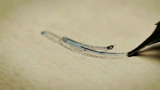 An extreme close-up shows the nib of a fountain pen gliding across textured paper creating elegant calligraphic strokes with black ink.