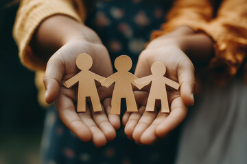 Close up of hands holding three paper people figures connected together image