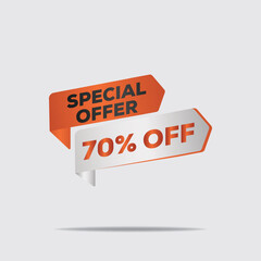 "3D rendered special offer 70% off, orange and white text, floating hologram, modern geometric minimalist design, clean background"