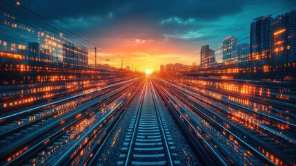 City rail tracks at sunrise, digital overlay