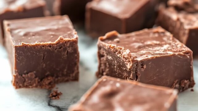 Close-up of rich chocolate fudge squares on a marble surface.
