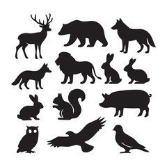 Silhouette Collection of Wildlife Animals Featuring a Deer, Bear, Wolf, Fox, Lion, Rabbits, Squirrel, Pig, Birds and an Owl