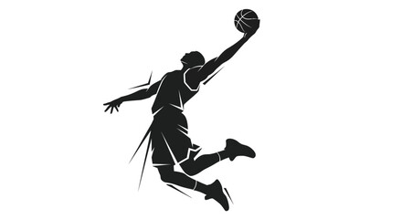 Dynamic basketball player silhouette soaring through the air for an impressive slam dunk showing power, skill, and athleticism in a single, iconic moment © Uresha