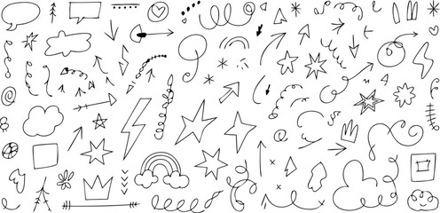 Fototapeta premium Hand Drawn Doodle Elements Set,Arrows, Speech Bubbles, Stars, Hearts, Crowns, and Abstract Sketch Vector Collection,hearts stars lightning bolts speech bubbles arrows,Vector illustration.Ai