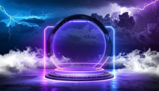 Illuminated portal on a platform amidst stormy clouds