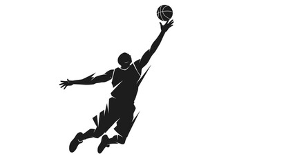 Dynamic action silhouette of basketball player reaching for ball during slam dunk for sports marketing or athletic team branding, conveying energy and power © Uresha