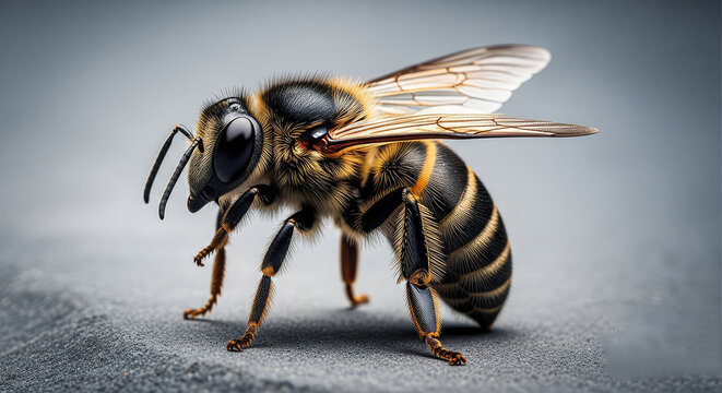 A honey bee with its wings spread, standing on a gray surface with a blurred background.