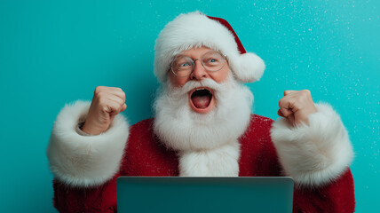 Naklejka premium Santa Claus joyfully raises his fists in celebration while using a laptop, radiating holiday spirit Generative AI