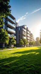 Modern apartment building with balconies, lush green lawn, sunny day
