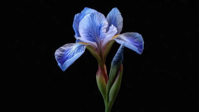 Single blue iris flower blooms gracefully against a dark background highlighting its unique petals and vibrant colors in a close-up view