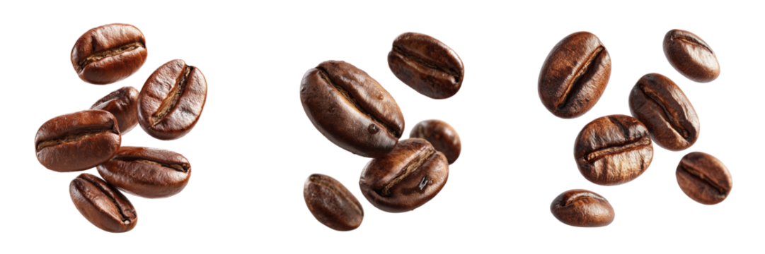 Set of Roasted coffee beans falling isolated on a transparent background