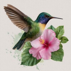 Naklejka premium Green hummingbird with purple neck near pink hibiscus on textured background