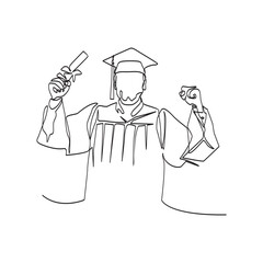 Continuous Line Drawing of a sketch of a man celebrating graduation with both hands