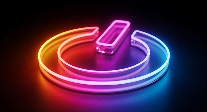 Vibrant neon power button symbol glowing with a spectrum of colorful lights against a dark background representing technology innovation and digital transformation