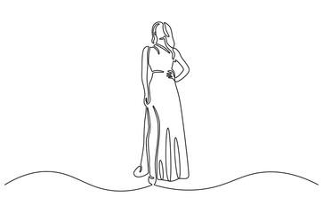 Continuous one line drawing of Woman with dress. Single line drawing illustration of Woman with beautiful dress. Modeling photo concept vector art. Doodle line illustration.
