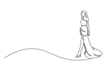 Continuous one line drawing of Woman with dress. Single line drawing illustration of Woman with beautiful dress. Modeling photo concept vector art. Doodle line illustration.