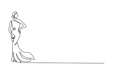 Continuous one line drawing of Woman with dress. Single line drawing illustration of Woman with beautiful dress. Modeling photo concept vector art. Doodle line illustration.